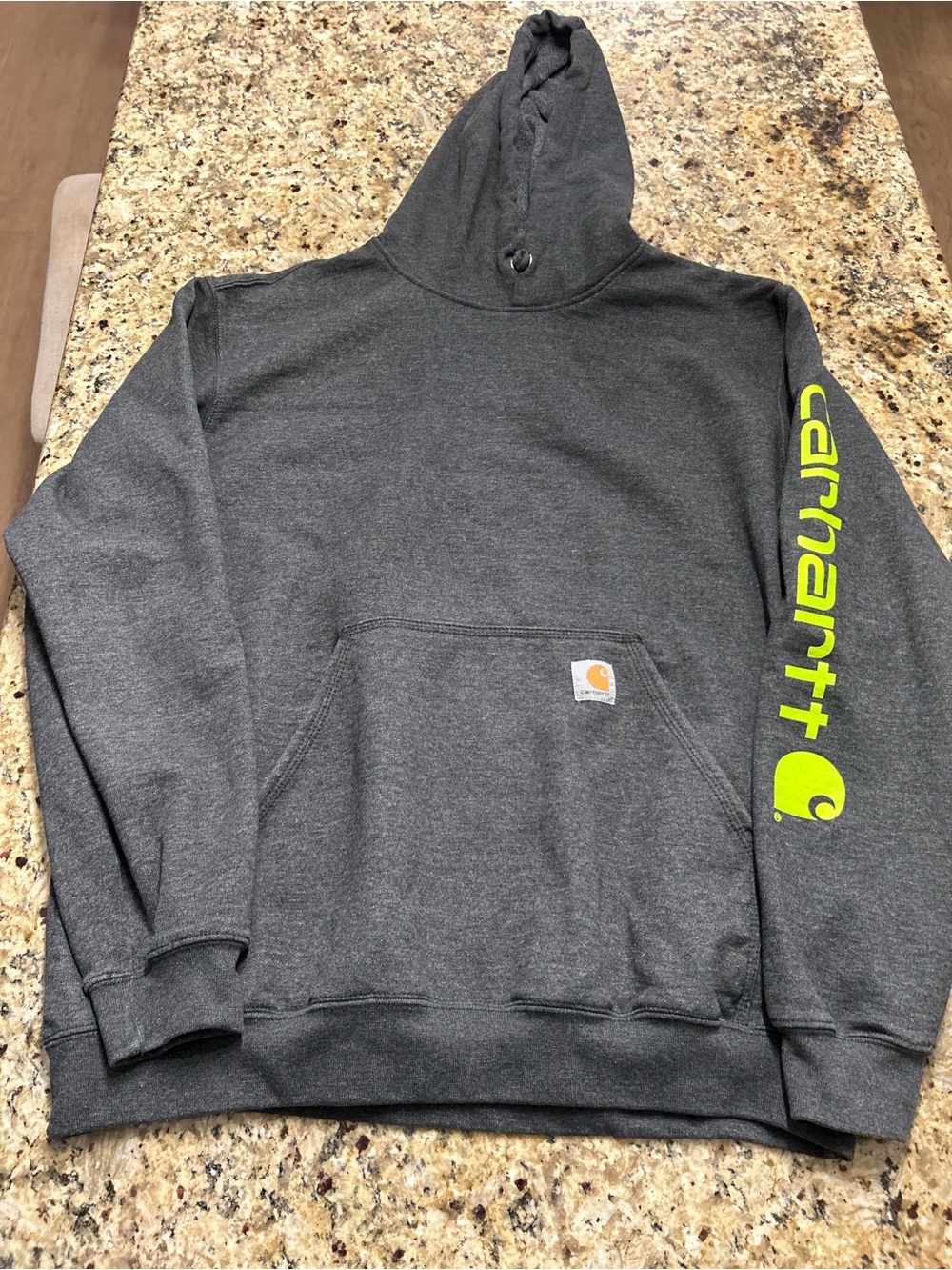 Carhartt Men's Charcoal Gray Crewneck Hoodie with Neon Yellow Sleeve Logo